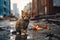 Alone hungry sad dirty stray cat is sitting on the street. Generative AI