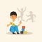 Alone kid boy with autism syndrome playing with toy cubes a vector illustration.