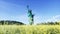 Alone statue of liberty in grass field. Aerial view. Postapocalyptic concept. 3d rendering.