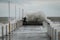 Alone surfer in wetsuits with surfboard on a city pier amid powerful waves in Australia. Concept: confrontation between the