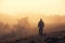 Alone tourist goes through the mist sunset sunlight across the mountain Demerdzhi