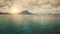 Alone yacht at ocean bay coast with sun silhouette of mountain islands at panorama aerial shot