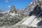 Along the walk Tre Cime di Laveredo trail, three of the most famous peaks of the Dolomites, in the Sesto Dolomites, Italy.