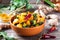 Aloo Palak sabzi or Spinach Potatoes curry served in a bowl. Popular Indian healthy recipe
