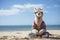 Alpaca on a beach hat, practicing yoga and relaxing