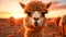 Alpaca camel sunset portrait rural scene grass livestock sand adventure