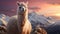 Alpaca grazing on snowy mountain, woolly and cute, smiling at camera generated by AI