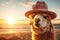 Alpaca wearing a hat on the beach on the background of sea