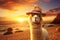 Alpaca wearing a hat on the beach and background of seascape