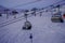 Alpe D`Huez, France 30.12.2019 Later evening. Cableway lift cabin background. Beautiful winter scenic mountain view.