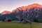 Alpen glow across a mountain range in bavaria