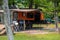 Alpena, MI - July 18: Small Hiker teardrop travel trailer parked in a private campground site in Alpena, MI