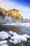 Alpenglow on the granite peaks in Yosemite valley