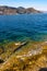 Alpes rocky shore at French Riviera of Mediterranean Sea seen from Saint-Jean-Cap-Ferrat resort town in Cap Ferrat cape in France