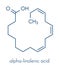 Alpha-linolenic acid ALA molecule. Essential polyunsaturated omega-3 fatty acid, present in many vegetable oils. Skeletal.