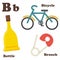 Alphabet B letter.Bottle,Bicycle,Brooch