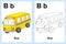 Alphabet coloring book page with outline clip art to color. Letter B. Bus. Vector vehicles.
