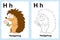 Alphabet coloring book page with outline clip art to color. Letter H.Hedgehog. Vector animals.