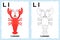 Alphabet coloring book page with outline clip art to color. Letter L. Lobster.. Vector animals.