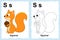 alphabet coloring book page with outline clip art to color. Letter S. Squirrel.