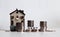 Alphabet cube with DEBT text cube. Miniature house and coins on white background.