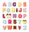 Alphabet fro sweet pastries set. Colorful canddy font made from baked goods donuts with cream desert for kids decorative
