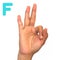 Alphabet letter F in sign language for the deaf . American Sign Language ASL. Hand gesture letter F on a white