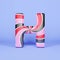 Alphabet letter H uppercase. Christmas font made of pink, red and black striped lollipop. 3D render on blue background.