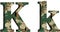 Alphabet letter k uppercase and lowercase, abstract military camouflage texture font