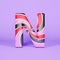 Alphabet letter N uppercase. Christmas font made of pink, red and black striped lollipop. 3D render on violet background.