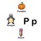 Alphabet Letter P-pumpkin,penguin,pencil illustration