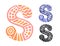 Alphabet letter S. Kids education poster or stickers. Childish logo in mosaic style. Cute vector letters in color and monochrome