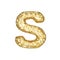 Alphabet letter S uppercase. Gold font made of yellow cellular framework. 3D render isolated on white background.