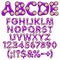 Alphabet, letters, numbers and signs of purple slime with orange eyes for Halloween. Set of isolated vector objects