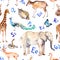 Alphabet letters, wild animals, birds. Childish seamless pattern. Zoo watercolor