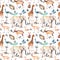 Alphabet letters, wild animals, birds. Childish seamless pattern. Zoo watercolor