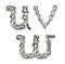 Alphabet low case letters `u, v, w` assembled from metallic parts