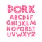 Alphabet of pink letters in a floral ornament. Vector. Letters in a vegetable pattern. Cartoon doodle style. English alphabet