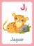 Alphabet printable flashcard with letter J and jaguar animal