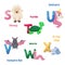 Alphabet printable flashcard with letter S T U V W X. Zoo animals for english language education