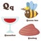 Alphabet Q letter.Quahog,Queen bee,Quencher