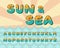Alphabet sea horizon, vintage design. Sun rays, and sea waves aquamarine color, retro style. Font vector typography