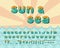 Alphabet sea horizon, vintage design. Sun rays, and sea waves aquamarine color, retro style. Font vector typography