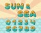 Alphabet sea horizon, vintage design. Sun rays, and sea waves aquamarine color, retro style. Font vector typography