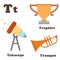 Alphabet T letter.Telescope,Trophies,Trumpet