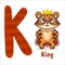 Alphabet with Tiger king cartoon character. Letter K. Vector illustration for children products.