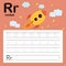 Alphabet tracing worksheet for preschool and kindergarten to improve basic writing skills, letter R, rocket, vector, illustration