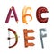 Alphabet with various objects. A,B,C,D,E,F creative cartoon letters made of sausages, measuring tool, bow, banana vector