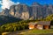 Alpin hut at Passo Pordoi with Sella Group, Dolomites, Italian A