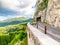 Alpine asphalt road with tunnel. Forest mountain landscape near Cortina d`Ampezzo. Dolomites, Italy